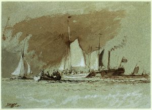 Halászhajók a tengeren, gőzhajóra felszállás az Isle of Wight-szigetnél (indiai tinta fehérrel megerősítve a papíron)